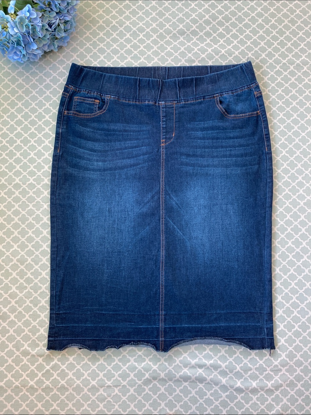 Be Girl Dark Denim Pull On Raw Hem Pencil Skirt 2X